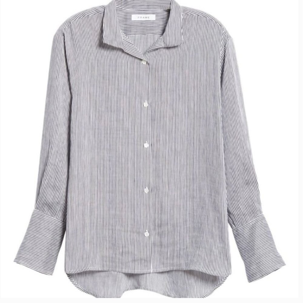 FRAME Striped Navy Multi Linen Blend Long Sleeve Button Front Shirt Size XS